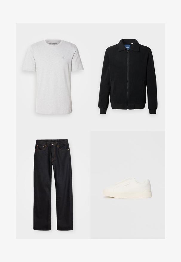 Črna flis jakna z zadrgo, stoječim ovratnikom, rebrastimi zapestji in stranskimi žepi s teksturirano površino.; Svetlo siva bombažna majica s kratkimi rokavi, okroglo izrezana in z vezenim logotipom na prsih. Mehka tekstura in standardni kroj.; Moške črne kavbojke ravnega kroja z petimi žepi in oranžnim šivanjem, z gumbom in zadrgo na sprednjem pasu.; Bele zapete brez vezalk z teksturirano površino, debelim podplatom in minimalističnim dizajnom. Na strani se nahaja logotip blagovne znamke.