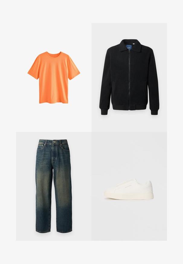 Jachetă din fleece neagră, cu închidere prin fermoar, guler înalt, manșete ribbate și buzunare laterale cu o suprafață texturată.; Next Tricou basic - mottled orange; Jeans din denim albastru cu croi drept, având un design decolorat cu nuanțe mai deschise spre tiv, cinci buzunare și închidere cu buton.; Tenisi albi slip-on cu o suprafață texturată, talpă groasă și un design minimalist. Prezintă logo-ul brandului pe lateral.