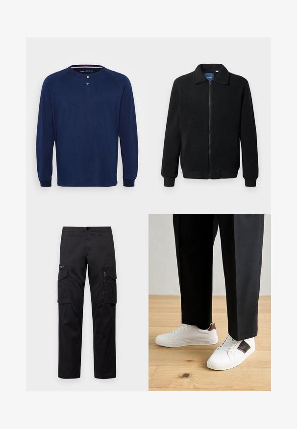 Schwarze Fleecejacke mit Reißverschluss, Stehkragen, gerippten Bündchen und seitlichen Taschen mit strukturiertem Oberflächenmaterial.; Pier One Langarmshirt - dark blue; Schwarze Cargo-Hosen mit mehreren Taschen, einer Reißverschlusstasche am Oberschenkel, geradem Schnitt und strapazierfähigem Baumwollstoff mit leichtem Glanz.; Weiße Sneakers mit glatter Textur, versehen mit braunen Lederakzenten und schwarzen Details, kombiniert mit schwarzen maßgeschneiderten Hosen. Hintergrund aus Holzboden.