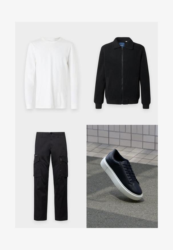 Musternahk fleece-jakk musternahaga, tõmblukk, seisev kaelus, soonikkoes varrukad ja küljetaskud tekstuurse pinnaga.; Pikad varrukad valgest T-särgist, mis on valmistatud puuvillast, ümar kaelus, soonilised mansetid ja sile tekstuur ilma nähtavate mustrite või disainideta.; Mustad mustree püksid, millel on mitu taskut, lukuulukuga tasku reie peal, sirge lõige ja tugevast puuvillast materjal, millel on kerge läige.; Mustast nahast tennisetoss, millel on ümar nina ja valge kummist tall. Omab siredaid paelu ja minimaalset õmblemist ülemises osas. Tekstuuriga tald, mis tagab haakuvuse.