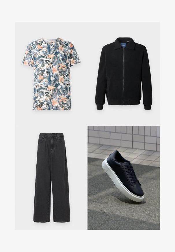 Black fleece jacket featuring a zip closure, stand collar, ribbed cuffs, and side pockets with a textured surface.; Short-sleeve t-shirt made of fabric featuring a tropical floral print in shades of green, pink, and blue on a white background.; Wide-leg, high-waisted black denim pants with a front button and zipper closure, featuring side pockets and a smooth texture.; Black leather sneaker with rounded toe and white rubber sole. Features flat laces and minimal stitching on the upper. Textured sole for grip.