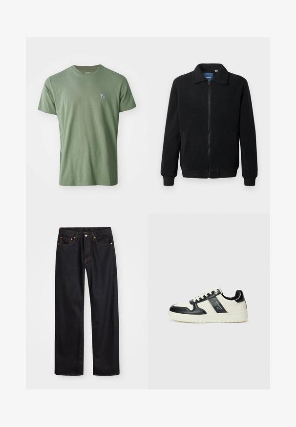 Fekete bolyhos dzseki cipzárral, állógallérral, bordázott mandzsettákkal és oldalzsebekkel, textúrált felülettel.; Lee PATCH LOGO TEE - Basic póló - olive stone; Férfi egyenes szabású fekete farmernadrág öt zsebbel és narancssárga varrással, gombos és cipzáros záródással elöl.; Fekete és krém színű bőrsneaker, perforált díszítésekkel, párnázott bokapánttal és texturált talppal.