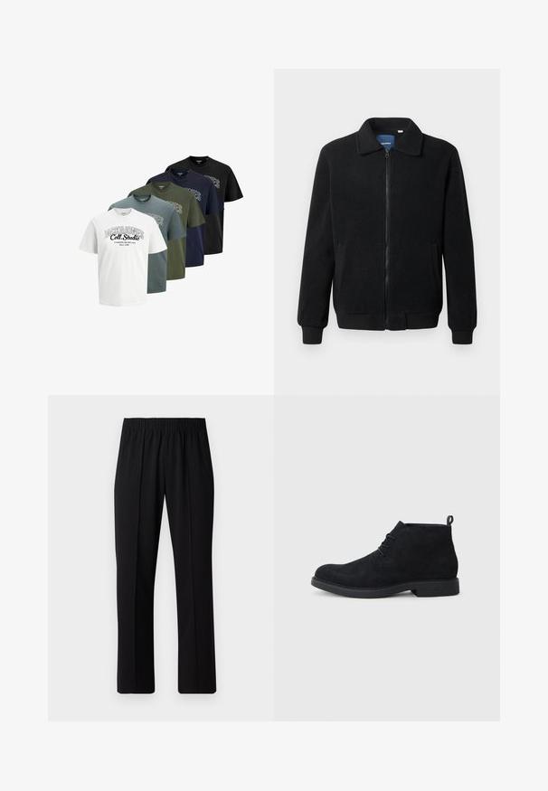Svart fleece jakke med glidelås, høy krage, ribbestrikkede mansjetter og sidelommer med strukturert overflate.; Fem brettede kortermede crew neck t-skjorter i hvit, blå, grønn, marineblå og svart med teksten "JACK & JONES Coll. Studio" trykket på forsiden.; Svart, elastisk midjebukser med rett ben-design, med en glatt tekstur og uten synlige mønstre eller maskinvare.; Sorte semskede ankelstøvler med rund tå, snørelukking og en strukturert gummisåle. Har en liten løkke bak.
