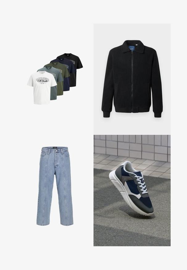 Jachetă din fleece neagră, cu închidere prin fermoar, guler înalt, manșete ribbate și buzunare laterale cu o suprafață texturată.; Cinci tricouri cu mânecă scurtă și guler rotund, pliate, în culorile alb, albastru, verde, navy și negru, cu textul "JACK & JONES Coll. Studio" imprimat pe față.; Jeans din denim de culoare albastră deschisă, cu o croială lejeră, picioare largi și detalii de cusătură vizibile. Caracteristică un sistem de închidere cu nasture și fermoar, precum și cinci buzunare.; Adidași cu un uppers din plasă albastră închisă, accente din suede gri, talpă din cauciuc alb și șireturi plate albe, concepuți pentru confort și respirabilitate.