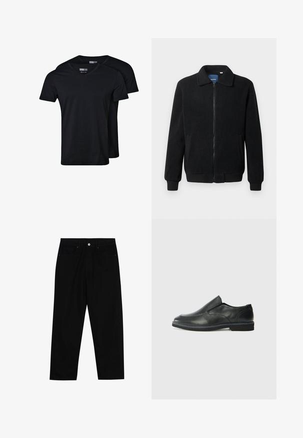 Juodas fliso džemperis su užtrauktuku, stovinčia apykakle, gumuotais rankogaliais ir šoninėmis kišenėmis, turinčiomis tekstūruotą paviršių.; Juoda V-kaklo marškiniai, pagaminti iš medvilnės mišinio audinio. Trumpomis rankovėmis, laisvas pritaikymas ir švelni tekstūra. Pakuotėje yra du marškiniai.; Juoda džinsinė kelnė su tiesiu kirpimu, penkių kišenių dizainu ir priekiniais mygtukais. Lygus paviršius su minimaliu siuvimo detalėmis.; Juodai odiniai įtvirtinimo batai su lygiu paviršiumi, siuvinėjimo akcentais, apvalia nosimi ir žemu guminiu kulnu. Pado raštas minimalus.
