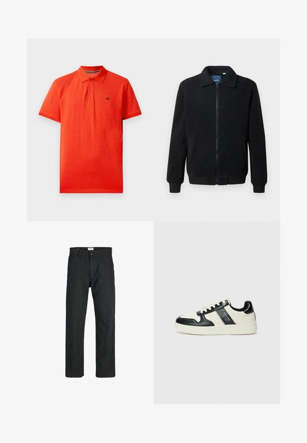 Črna flis jakna z zadrgo, stoječim ovratnikom, rebrastimi zapestji in stranskimi žepi s teksturirano površino.; Rdeča polo majica iz bombaža, z ovratnikom, tri gumbe spredaj, kratkimi rokavi in majhnim logotipom na levem prsnem delu.; Črne hlače iz trpežnega materiala, s krojem naravnih nog, našitki ter dvema sprednjima žepoma za funkcionalnost.; Usnjeni športni čevlji z črno in krem barvno shemo, ki vključujejo perforirane dodatke, podložen ovratnik in strukturirano podplat.