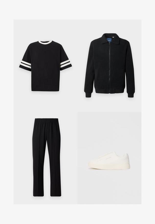 Zwarte fleece jas met een ritssluiting, staande kraag, ribgebreide manchetten en zijzakken met een textuur.; Zwarte kortgebouwde T-shirt van katoen, met een ronde witte hals en twee horizontale witte strepen op elke mouw.; Zwarte, elastische broek met rechte pijpen, met een gladde textuur en zonder zichtbare patronen of hardware.; Witte instap sneakers met een gestructureerd oppervlak, een dikke zool en een minimalistisch ontwerp. Bevat het merklogo aan de zijkant.