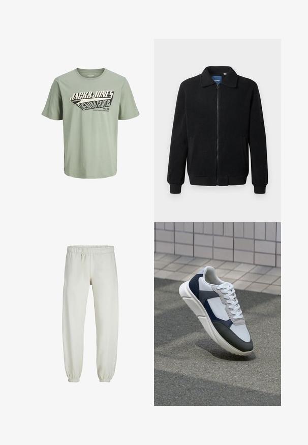 Black fleece jacket featuring a zip closure, stand collar, ribbed cuffs, and side pockets with a textured surface.; Light green cotton t-shirt featuring a black and white graphic design that includes text. Round neck, short sleeves, and a straight hem.; White sweatpants made from soft fabric, featuring an elastic waistband and cuffs, with a smooth texture and loose-fitting design.; White, navy, and gray sneaker with a mixed material design, featuring a textured upper, flat laces, and a cushioned sole.