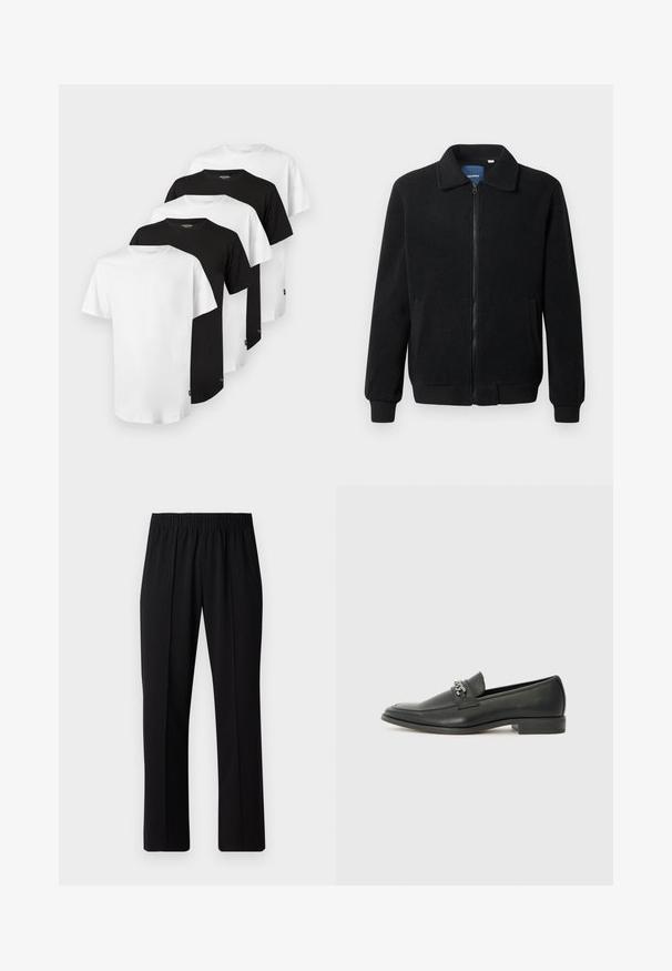 Giacca in pile nera con chiusura zip, colletto alto, polsini a coste e tasche laterali con superficie strutturata.; Set di cinque T-shirt: tre bianche e due nere. Design classico a girocollo, maniche corte, tessuto in cotone, texture liscia, vestibilità standard.; Pantaloni neri con vita elasticizzata e design a gamba dritta, caratterizzati da una texture liscia e senza motivi o hardware visibili.; Mocassino in pelle nera con finitura liscia, caratterizzato da un design cucito e da un accento decorativo in catena metallica sul vamp. Tacco piatto.