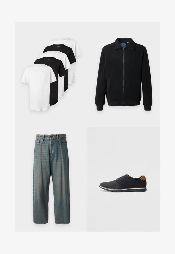 Crni flis jakna s zatvaranjem na zip, stojećim ovratnikom, rebrastim manžetama i bočnim džepovima s teksturiranom površinom.; Set od pet majica: tri bijele i dvije crne. Klasičan dizajn s okruglim izrezom, kratki rukavi, pamučna tkanina, glatka tekstura, standardna prilagodba.; Svijetloplave traperice s širokim krojem, srednjim pojasom i ravnim nogavicama. Ima pet džepova, petlje za remen i kopčanje na gumb.; Crne sintetičke cipele s teksturiranim gornjim dijelom, glatkim akcentima, smešnim petom i kontrastnom potplatom. Imaju minimalne vezice i detalje šivanja.