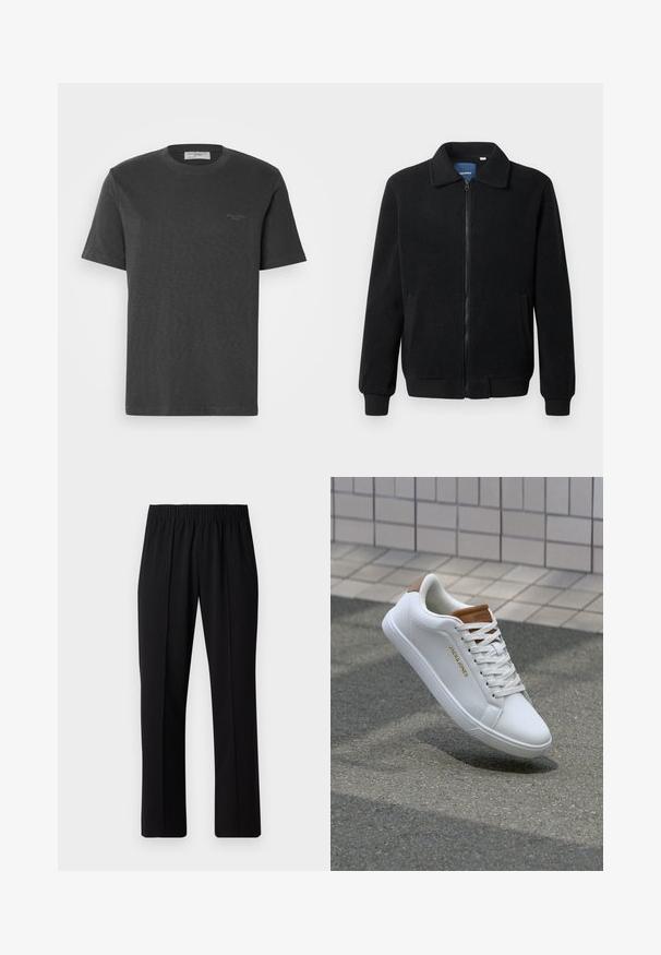 Fekete bolyhos dzseki cipzárral, állógallérral, bordázott mandzsettákkal és oldalzsebekkel, textúrált felülettel.; Sötét szürke pamut póló rövid ujjakkal és kerek nyakkivágással. A bal felső sarokban egy diszkrét márkás logó található. Puha tapintású.; Fekete, gumíros derekú nadrág egyenes szabással, sima felülettel, látható minták vagy fémrészek nélkül.; Fehér bőrsneakerek sima felülettel, világosbarna díszítéssel a sarokrészen, arany logóval az oldalon, és gumitalppal, amely texturált tapadással rendelkezik.