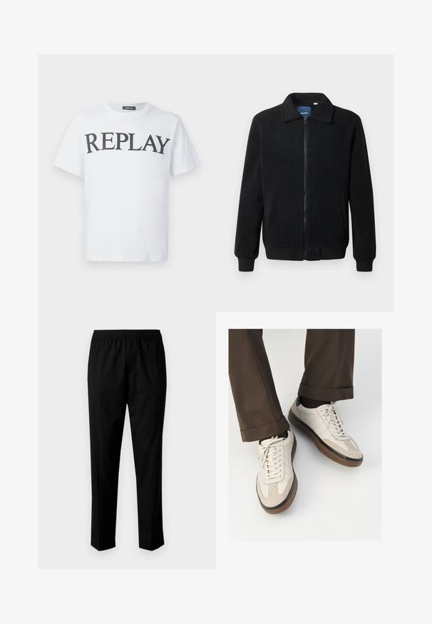 Casaco de polar preto com fecho de correr, gola alta, punhos canelados e bolsos laterais com uma superfície texturizada.; T-shirt branco de manga curta com decote redondo, apresentando o texto preto "REPLAY" em destaque no peito, sobre um fundo liso.; Calças pretas com uma cintura elástica, apresentando um design de perna reta. O tecido parece suave com uma textura mate, sem padrões visíveis.; Tênis bege com frente em camurça texturizada, lados em couro liso e sola em borracha marrom. Inclui cadarços e detalhes de costura clara.