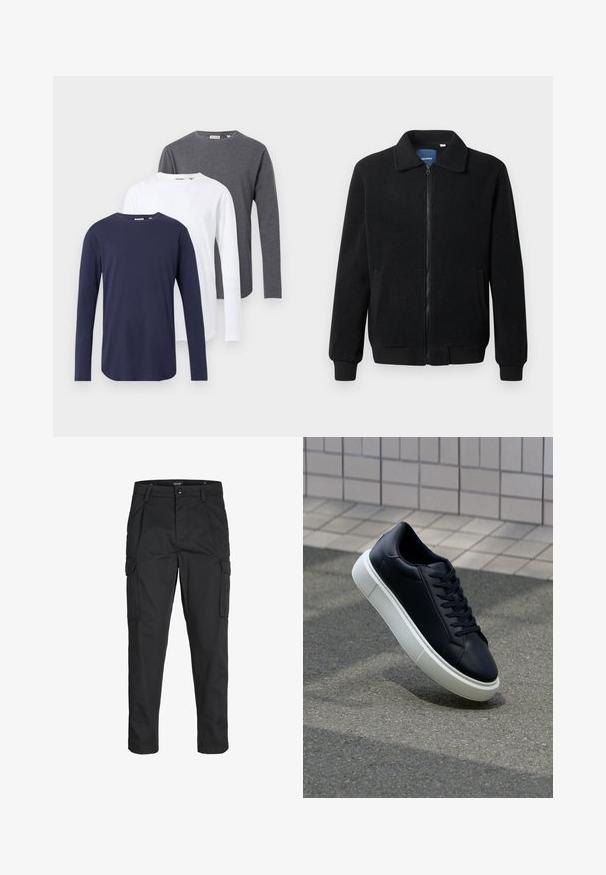 Jachetă din fleece neagră, cu închidere prin fermoar, guler înalt, manșete ribbate și buzunare laterale cu o suprafață texturată.; Trei tricouri cu mânecă lungă, în nuanțele bleumarin, alb și gri. Realizate din bumbac, cu decolteu rotund și tivuri drepte.; Pantaloni cargo negri dintr-un material rezistent, cu multiple buzunare, închidere cu nasture și un design slim fit cu picioare conice.; Tenis cu piele neagră, cu vârful rotund și talpă din cauciuc alb. Are șireturi plate și cusături minime pe suprafață. Tălpile texturate oferă aderență.