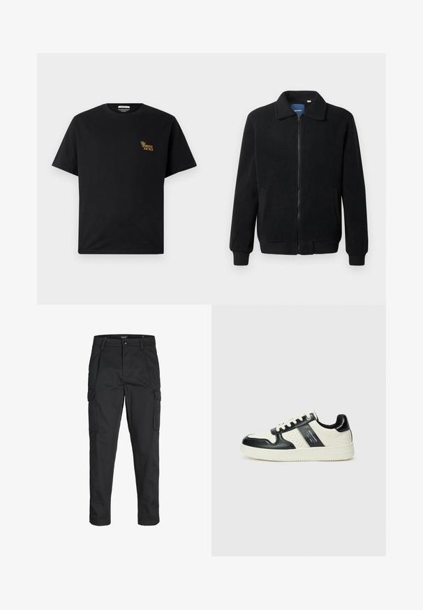 Juodas fliso džemperis su užtrauktuku, stovinčia apykakle, gumuotais rankogaliais ir šoninėmis kišenėmis, turinčiomis tekstūruotą paviršių.; Juodas medvilnės marškinėliai su apvalia iškirpte ir trumpomis rankovėmis. Kairėje krūtinės pusėje yra auksinės spalvos tekstas "Sportivo Nautico". Paprastas dizainas.; Juodi krovinių tipo džinsai, pagaminti iš tvirto audinio, su keliais kišeniais, mygtuko uždarymu ir siauru, prigludusiu dizainu su siaurėjančiomis kojomis.; Odiniai sportbačiai juodos ir kreminės spalvų schemoje, su perforuotais akcentais, paminkštinta apykakle ir tekstūruotu padu.