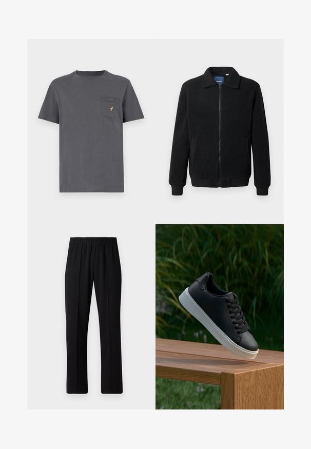 Fekete bolyhos dzseki cipzárral, állógallérral, bordázott mandzsettákkal és oldalzsebekkel, textúrált felülettel.; Szürke pamut póló rövid ujjakkal, kerek nyakkal, és egy zsebbel, amelyen bal oldalán egy kis arany logó található. Simább anyagtextúra.; Fekete, gumíros derekú nadrág egyenes szabással, sima felülettel, látható minták vagy fémrészek nélkül.; Fekete bőr sportcipő sima textúrával, fehér gumitalppal és hat lukkal a fűzőknek, amely egy fa felületen van bemutatva.
