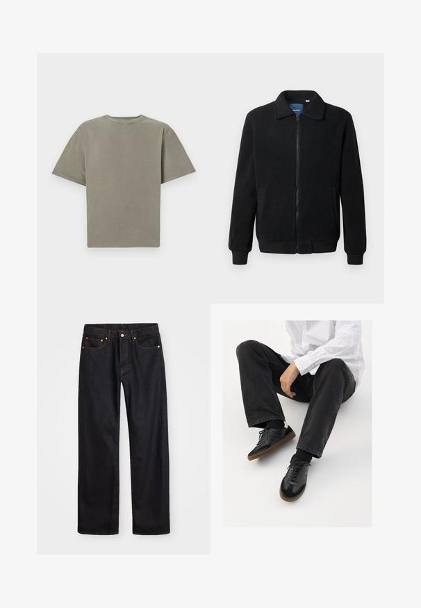 Fekete bolyhos dzseki cipzárral, állógallérral, bordázott mandzsettákkal és oldalzsebekkel, textúrált felülettel.; Rövid ujjú, kerek nyakú póló tompa zöld színben. Puha pamutból készült, sima textúrával és tiszta élekkel. Nincsenek látható logók vagy minták.; Férfi egyenes szabású fekete farmernadrág öt zsebbel és narancssárga varrással, gombos és cipzáros záródással elöl.; Fekete tornacipők sima és texturált felsőrészel, gumitalppal és sötét cipőfűzőkkel. Fekete farmernadrággal és fehér csíkos inggel párosítva.