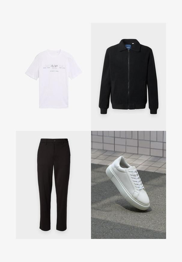 Čierna flísová bunda s uzáverom na zips, stojatým golierom, rebrovanými manžetami a bočnými vreckami s textúrovaným povrchom.; Biela bavlnená tričko s krátkymi rukávmi. Na prednej strane je modrý text: "Sky Squad," "Tom Tailor," a "Since 1962," spolu s rôznymi dizajnmi.; Čierne nohavice vyrobené z ľahkého materiálu, so strihaním do rovného strihu, predným zapínaním na gombík, pútkom na opasok a bočnými vreckami.; Biele kožené tenisky s hladkým povrchom, okrúhlym špičkou a plochými bielymi šnúrkami. Obsahuje štruktúrovanú gumovú podrážku a minimalistický dizajn.