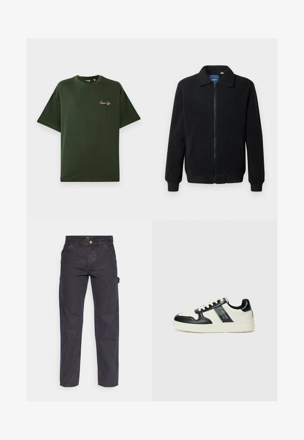 Črna flis jakna z zadrgo, stoječim ovratnikom, rebrastimi zapestji in stranskimi žepi s teksturirano površino.; Zelena bombažna majica s kratkimi rokavi, sproščenega kroja. Ima majhen vezen logotip v svetlo roza barvi na levem prsnem delu.; Temno sivi cargo hlače iz trpežnega materiala, z ravnim krojem nogavic, petimi žepi in gumbom za zapiranje v pasu.; Usnjeni športni čevlji z črno in krem barvno shemo, ki vključujejo perforirane dodatke, podložen ovratnik in strukturirano podplat.