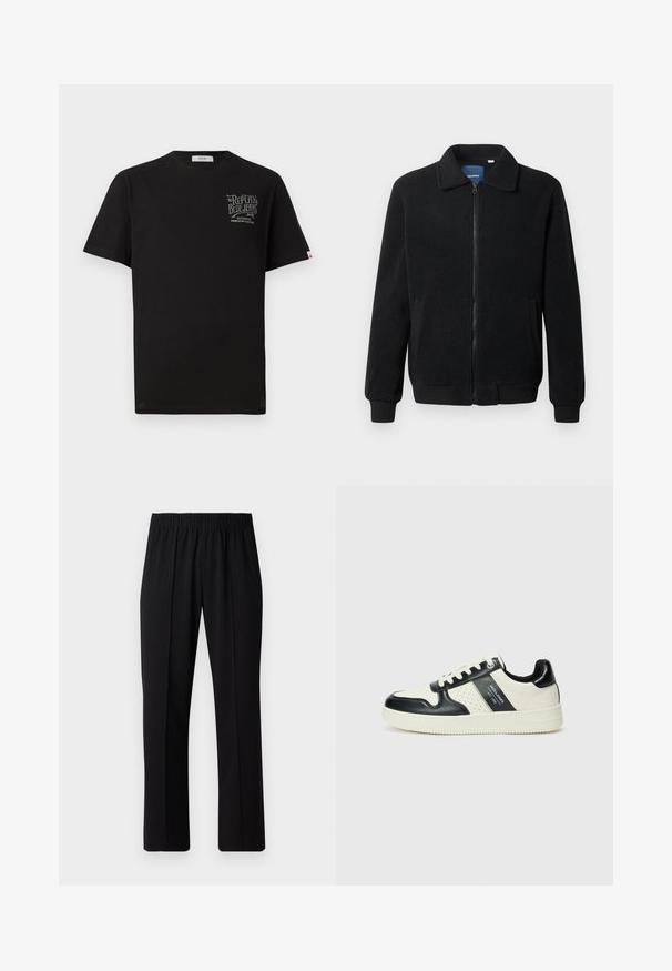 Svart fleece jakke med glidelås, høy krage, ribbestrikkede mansjetter og sidelommer med strukturert overflate.; Svart bomull T-skjorte med korte ermer, rund hals og trykk i grått på brystet. Har et lite merke på siden.; Svart, elastisk midjebukser med rett ben-design, med en glatt tekstur og uten synlige mønstre eller maskinvare.; Lædersneakers med sort og creme farveskema, der har perforerede detaljer, en polstret krave og en struktureret ydersål.