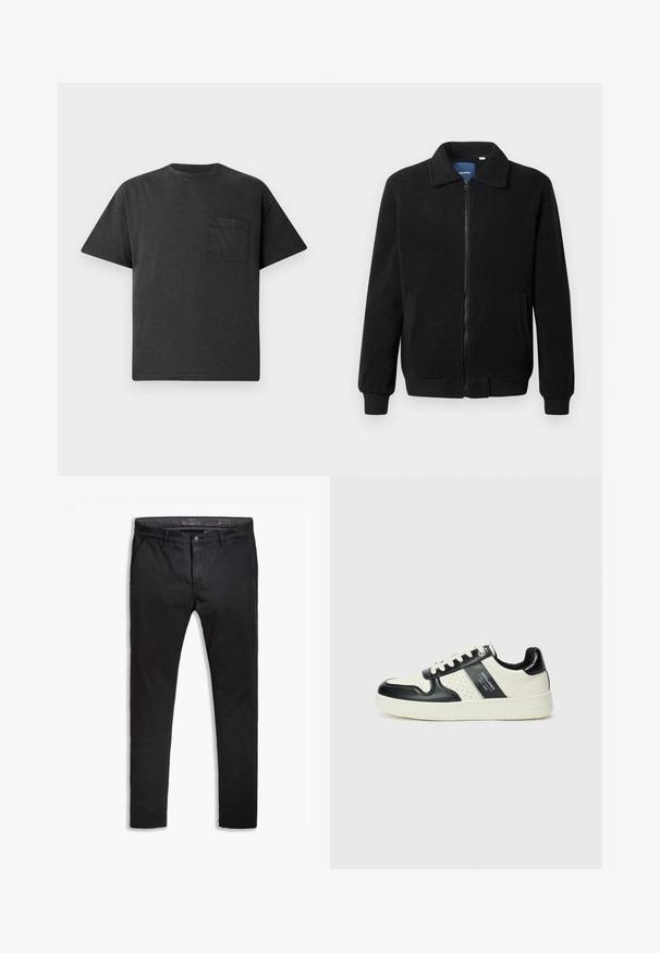 Schwarze Fleecejacke mit Reißverschluss, Stehkragen, gerippten Bündchen und seitlichen Taschen mit strukturiertem Oberflächenmaterial.; Schwarzes Baumwoll-T-Shirt mit rundem Halsausschnitt, kurzen Ärmeln und einer Brusttasche auf der linken Seite. Verfügt über eine lockere Passform und eine glatte Textur.; Schwarze Baumwollchinos mit einem schmalen Schnitt, ausgestattet mit fünf Taschen, Gürtelschlaufen und einer glatten Textur. Reißverschluss mit Knopfverschluss.; Leder-Sneaker in Schwarz- und Cremetönen, mit perforierten Akzenten, einem gepolsterten Kragen und einer strukturierten Laufsohle.