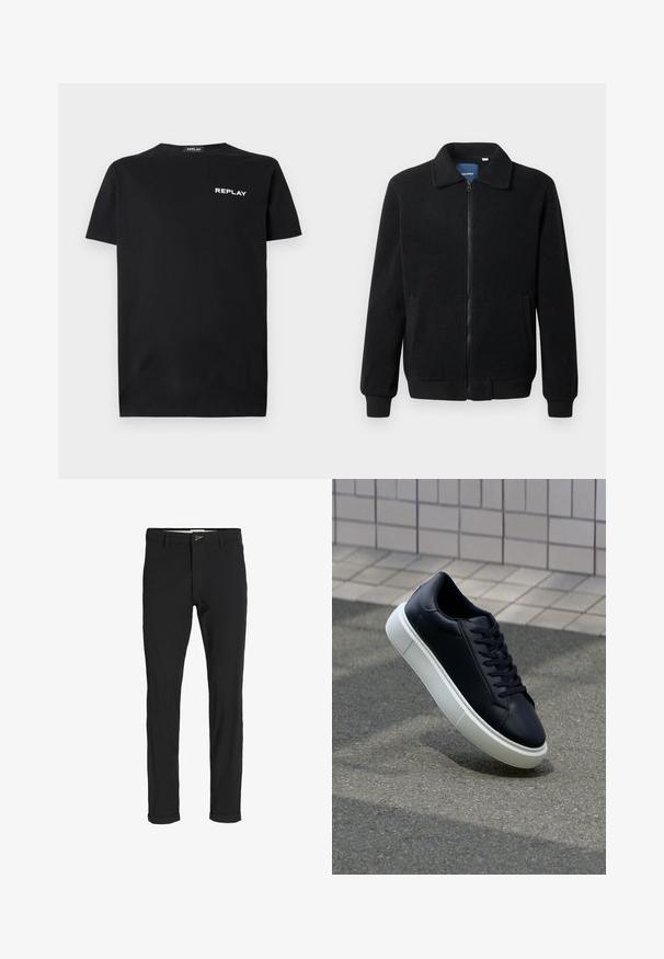 Fekete bolyhos dzseki cipzárral, állógallérral, bordázott mandzsettákkal és oldalzsebekkel, textúrált felülettel.; Fekete pamut póló rövid ujjakkal és kerek nyakkal, bal mellen fehér "REPLAY" logóval. Simább textúra.; Fekete pamut keverék nadrág, slim fit szabással, gombos záródással, zsebekkel és felgöngyölt szárakkal a laza végeredményért.; Fekete bőr sportcipő lekerekített orral és fehér gumitalppal. Lapos fűzőkkel és minimális varrásokkal rendelkezik a felsőrészén. Mintás talp a tapadásért.