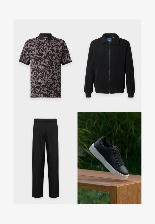 Chaqueta de forro polar negra con cierre de cremallera, cuello alzado, puños acanalados y bolsillos laterales con una superficie texturizada.; Camisa polo negra con un patrón floral en tonos de gris. Cuenta con un cuello, mangas cortas y una tapeta de tres botones.; Pantalones negros de tela suave, con un diseño de pierna recta, dos pliegues frontales y una cintura estándar con trabillas para el cinturón.; Zapatilla negra de cuero con una textura suave, suela de goma blanca y seis ojetes para cordones, exhibida sobre una superficie de madera.