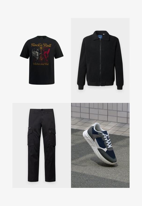 Czarna polarowa kurtka z zamkiem błyskawicznym, stójką, ściągaczami przy mankietach oraz bocznymi kieszeniami o teksturowanej powierzchni.; Czarna bawełniana koszulka z grafiką przedstawiającą kontrastowe czerwono-białe ilustracje aniołów i demonów, z napisem "Rock'n'Roll Między Niebem a Piekłem."; Czarne spodnie cargo z wieloma kieszeniami, zamykaną kieszenią na udzie, prostym krojem oraz wytrzymałym bawełnianym materiałem z delikatnym połyskiem.; Sneakers z granatową siateczkową cholewką, szarymi zamszowymi akcentami, białą gumową podeszwą i płaskimi białymi sznurówkami, zaprojektowane z myślą o komforcie i wentylacji.