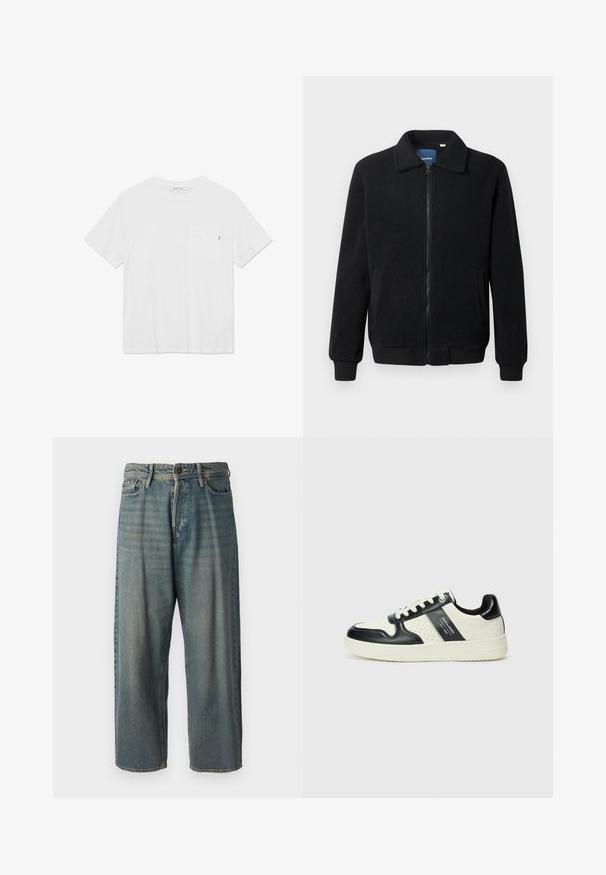 Μαύρο φλις μπουφάν με κλείσιμο με φερμουάρ, όρθιο γιακά, λαστιχένια μανίκια και πλάγιες τσέπες με υφή.; Λευκό βαμβακερό T-shirt με κοντά μαν sleeves, στρογγυλή λαιμόκοψη και τσέπη στη αριστερή πλευρά του στήθους. Περιλαμβάνει μια μικρή μαύρη ετικέτα στον θησαυρό.; Ανοιχτό μπλε τζιν παντελόνι με χαλαρή γραμμή, μέση μέσου ύψους και ευθείες γραμμές. Περιλαμβάνει πέντε τσέπες, θηλιές ζώνης και κούμπωμα με κουμπί.; Δερμάτινα sneakers με μαύρο και κρεμ χρωματικό σχέδιο, με διάτρητες λεπτομέρειες, επενδεδυμένο κολάρο και υφή στη σόλα.
