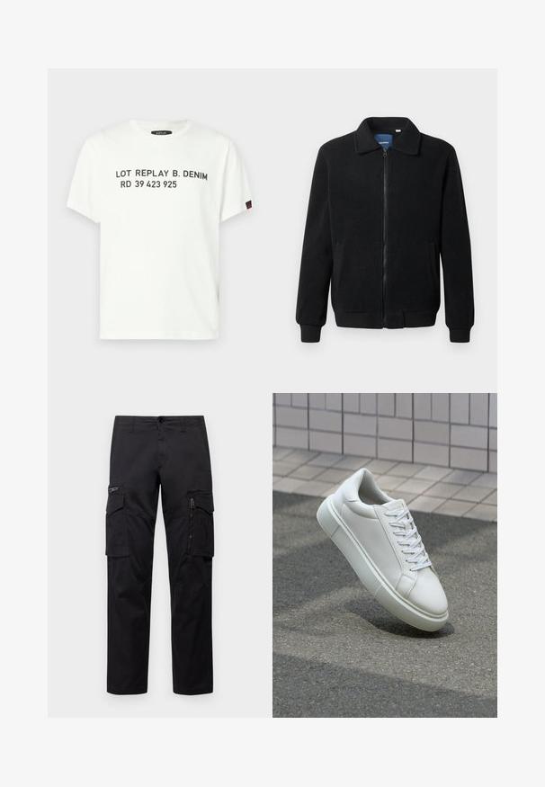 Juodas fliso džemperis su užtrauktuku, stovinčia apykakle, gumuotais rankogaliais ir šoninėmis kišenėmis, turinčiomis tekstūruotą paviršių.; Balta medvilninė marškinėlių su drąsiais juodais užrašais: "LOT REPLAY B. DENIM RD 39 423 925". Ant rankovės yra mažas raudonas logotipas.; Juodos krovinių kelnės, turinčios kelis kišenes, užtrauktuku uždaromą kišenę ant šlaunies, tiesaus kirpimo ir tvirtos medvilnės audinys su nežymiu blizgesiu.; Balti odiniai sportbačiai su lygiu paviršiumi, apvalia nosimi ir plokščiomis baltomis raištelėmis. Yra tekstūruotas gumos padas ir minimalizmas dizaino elementuose.