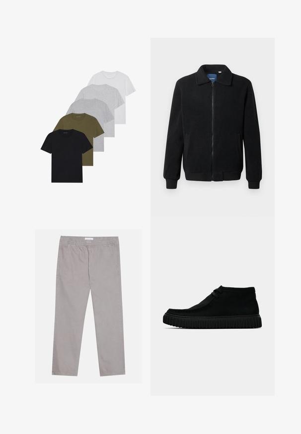 Czarna polarowa kurtka z zamkiem błyskawicznym, stójką, ściągaczami przy mankietach oraz bocznymi kieszeniami o teksturowanej powierzchni.; Pięć t-shirtów z okrągłym dekoltem w kolorach czarnym, oliwkowym, jasnoszarym, ciemnoszarym i białym. Wykonane z miękkiego materiału, z krótkimi rękawami i luźnym krojem.; Jasnoszare bawełniane spodnie z elastycznym paskiem w talii, dwoma bocznymi kieszeniami, prostym krojem nogawek i gładką fakturą. Proste detale przeszycia.; Czarne botki za kostkę wykonane z miękkiego materiału, z zaokrąglonym noskiem, minimalnym sznurowaniem i teksturowaną gumową podeszwą z pionowymi rowkami.