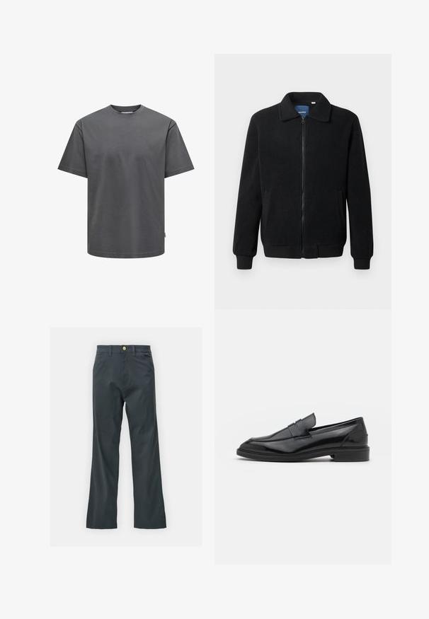 Črna flis jakna z zadrgo, stoječim ovratnikom, rebrastimi zapestji in stranskimi žepi s teksturirano površino.; Siva bombažna majica z okroglim izrezom in kratkimi rokavi. Ima običajen kroj in enostavno teksturo brez vidnih vzorcev ali okraskov.; Črne hlače s ravnim krojem, izdelane iz mešanice bombaža. Imajo kovinsko zaponko in stranske žepe. Brez vidnih vzorcev.; Črne usnjene loafersice z gladko površino, s zaobljenim prstom in ozkim pasom čez zgornji del. Nizek zložen petek.