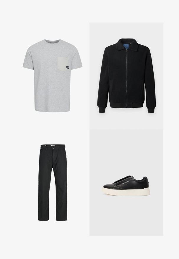 Chaqueta de forro polar negra con cierre de cremallera, cuello alzado, puños acanalados y bolsillos laterales con una superficie texturizada.; Camiseta de manga corta gris, hecha de una tela suave, que presenta un bolsillo en un gris claro contrastante y una pequeña etiqueta de logo cerca del bolsillo.; Pantalones negros de tela duradera, con un diseño de pierna recta, detalles cosidos y dos bolsillos frontales para mayor funcionalidad.; Zapatillas negras sin cordones con parte superior de cuero texturizado, suela de goma blanca y sin cordones visibles. Presenta el logo de la marca en el costado.