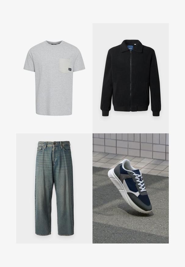 Musternahk fleece-jakk musternahaga, tõmblukk, seisev kaelus, soonikkoes varrukad ja küljetaskud tekstuurse pinnaga.; Hallgrey lühikese varrukaga T-särk pehmest kangast, millel on kontrastne heledast hallist kangast tasku ja väike logo silt tasku lähedal.; Heledad sinine denim-stiilis teksad, volüümse lõike, keskmise kõrgusega talje ja sirgete säärega. Omab viit taskut, vöökumme ja nööpide sulgemist.; Sneaker, mille sinine võrkkangas, hallid nubukdetailid, valge kummitald ja lamedad valged paelad, disainitud mugavuseks ja hingavuseks.