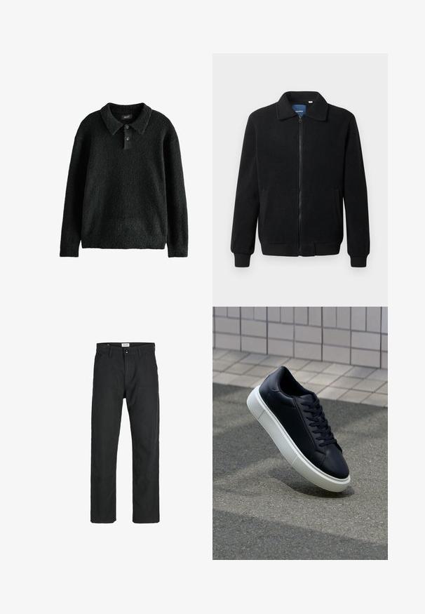 Melnā vilnas jaka ar rāvējslēdzēju, stāvošu apkakli, ribotām piedurknēm un sānu kabatām ar teksturētu virsmu.; Melnā, teksturētā džemperis ar apkakli, trīs pogu atvērumu un garām piedurknēm. Izgatavots no mīksta, pūkaina materiāla.; Melnas bikses no izturīga auduma, ar taisna griezuma dizainu, izšūtām akcentiem un divām priekšējām kabatām funkcionālitātei.; Melnas ādas kedas ar noapaļotu pirkstu un baltu gumijas zoli. Iespējas - plakanas šņorītes un minimāla apdare augšdaļā. Struktūrēta zole, lai nodrošinātu saķeri.