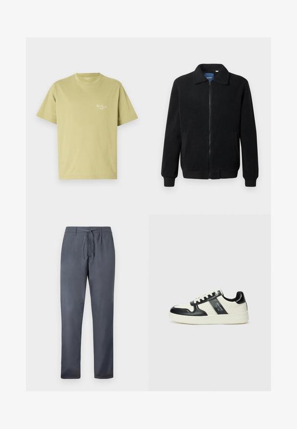 Musta fleece-takki, jossa on vetoketjulla suljettavat, pystykaulus, ribbireunat ja sivutaskut, joissa on teksturoitu pinta.; Vaaleanvihreä puuvillapaita, jossa on lyhyet hihat, pyöreä kaula-aukko ja pieni valkoinen logoteksti vasemmassa rinnassa.; Harmaat housut, jotka on valmistettu sileästä kankaasta, varustettu nyörikiinnityksellä ja sivutaskuilla. Suorat lahkeet ja siisti viimeistely.; Nahkakengät musta-kerma värimaailmassa, joissa on rei'itetyt yksityiskohdat, pehmustettu nilkkaosa ja teksturoitu pohja.