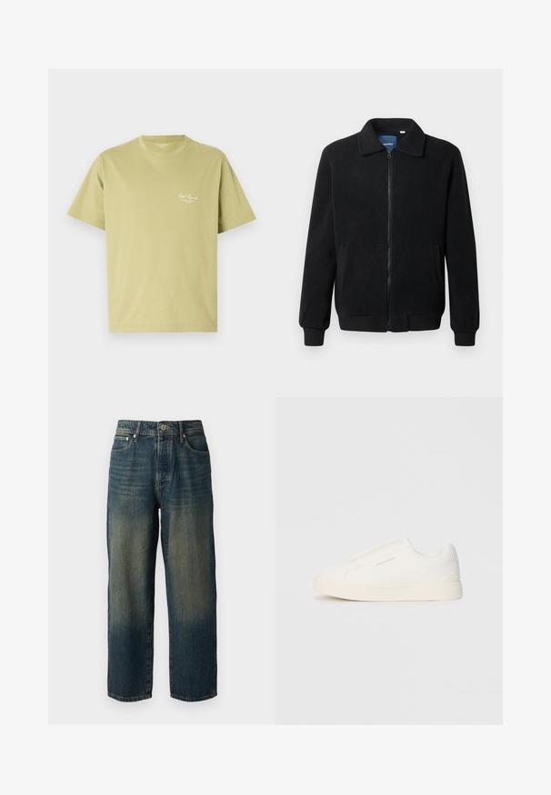 Sort fleecejakke med lynlås, opretstående krave, ribbede manchetter og sidelommer med en tekstureret overflade.; Lys grøn bomulds t-shirt med korte ærmer, rund halsudskæring og en lille hvid logo tekst på venstre brystområde.; Blå denimjeans med lige snit, der har et falmet design med lysere nuancer mod nederkanten, fem lommer og en knaplukning.; Hvide slip-on sneakers med en struktureret overflade, en tyk sål og et minimalistisk design. Har brandlogoet på siden.