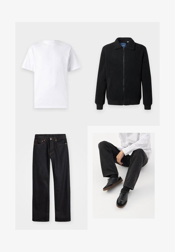 Chaqueta de forro polar negra con cierre de cremallera, cuello alzado, puños acanalados y bolsillos laterales con una superficie texturizada.; Camiseta blanca de manga corta hecha de algodón con cuello redondo, que presenta una textura suave y un diseño simple sin patrones ni acentos.; Jeans de mezclilla negros de pierna recta para hombre, con cinco bolsillos y costuras en color naranja, cierre de botón y cremallera en la parte delantera de la cintura.; Zapatillas negras con una parte superior suave y texturizada, que cuentan con una suela de goma y cordones oscuros. Combinadas con jeans negros y una camisa blanca a rayas.