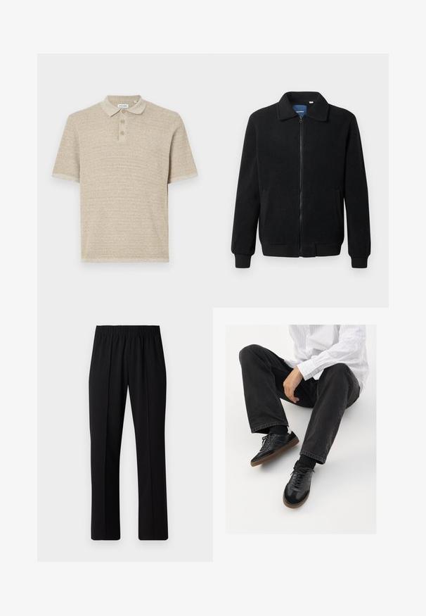 Čierna flísová bunda s uzáverom na zips, stojatým golierom, rebrovanými manžetami a bočnými vreckami s textúrovaným povrchom.; Béžová polokošeľa, krátke rukávy, textúrovaná pletenina, trojité zapínanie na gombíky, klasický golier, jemný vzor, voľný strih.; Čierne nohavice s elastickým pásom a rovnými nohavicami, majú hladkú textúru a žiadne viditeľné vzory ani kovové doplnky.; Čierne tenisky s hladkým a textúrovaným zvrškom, s gumovou podrážkou a tmavými šnúrkami. Kombinované s čiernymi džínsami a bielo-prúžkovanou košeľou.