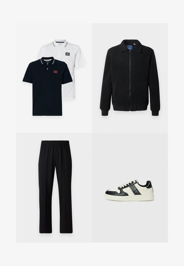 Czarna polarowa kurtka z zamkiem błyskawicznym, stójką, ściągaczami przy mankietach oraz bocznymi kieszeniami o teksturowanej powierzchni.; Dwie koszulki polo w kolorze granatowym i białym, z krótkimi rękawami, klasycznym kołnierzykiem oraz kontrastującymi, paskowanymi detalami na kołnierzyku.; Czarne spodnie z elastycznym pasem o prostym kroju, z gładką strukturą i bez widocznych wzorów czy elementów metalowych.; Skórzane sneakersy w czarno-kremowym schemacie kolorystycznym, z perforowanymi akcentami, wyściełanym kołnierzem i teksturowaną podeszwą.