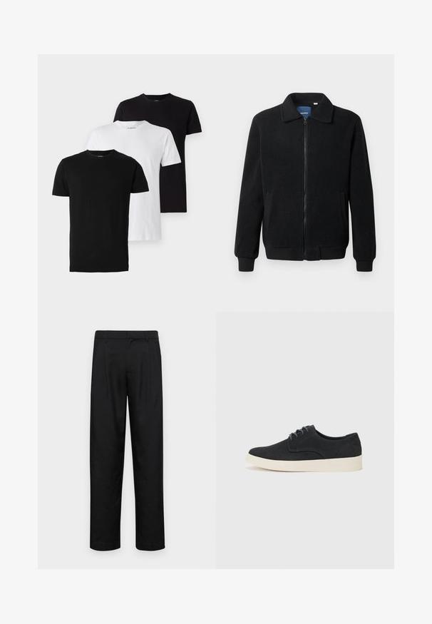 Casaco de polar preto com fecho de correr, gola alta, punhos canelados e bolsos laterais com uma superfície texturizada.; Três t-shirts de gola redonda nas cores preta, branca e cinza escuro. Feitas de algodão, possuem mangas curtas e um corte padrão.; Calças pretas feitas de tecido suave, com um design de perna reta, dois pregas frontais e uma cintura padrão com passantes para cinto.; Sapatilha preta em camurça com atacadores, bico arredondado, sola leve creme e discretos detalhes em azul nas laterais.