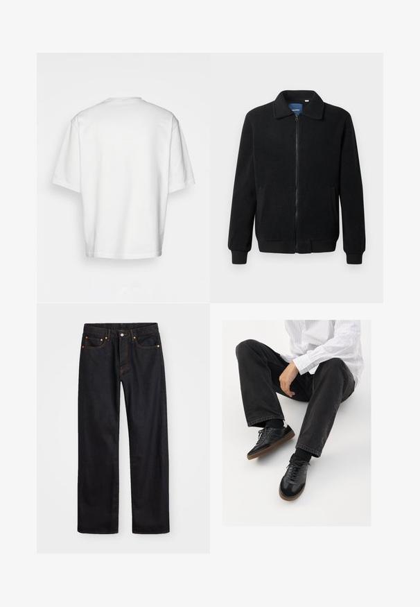 Giacca in pile nera con chiusura zip, colletto alto, polsini a coste e tasche laterali con superficie strutturata.; T-shirt bianco a maniche corte, vestibilità ampia, collo rotondo, in morbido cotone, retro senza decorazioni, orlo dritto, senza fantasie o dettagli.; Jeans neri in denim dritto da uomo con cinque tasche e cuciture arancioni, chiusura con bottone e zip sulla vita anteriore.; Sneaker nere con una tomaia liscia e testurizzata, con suola in gomma e lacci scuri. Abbinati a jeans neri e una camicia bianca a righe.
