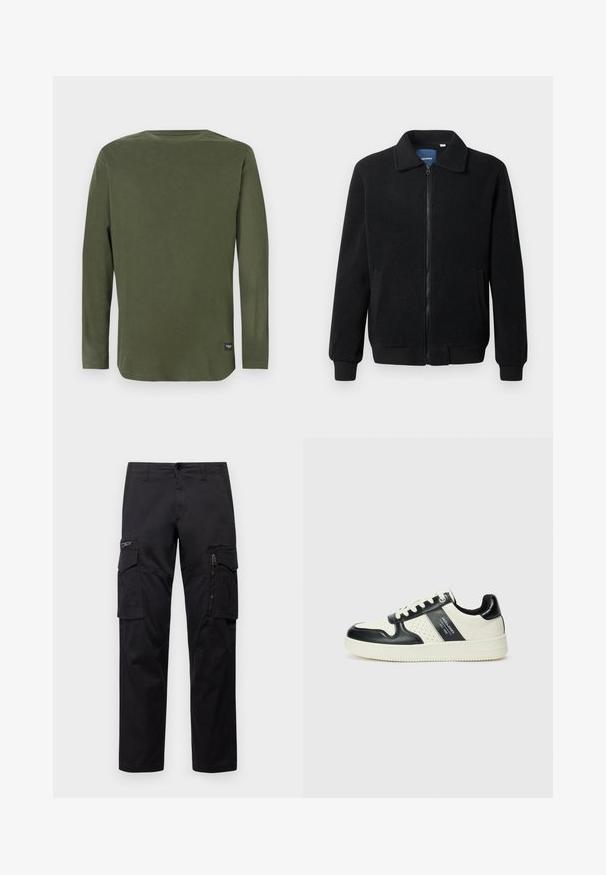 Juodas fliso džemperis su užtrauktuku, stovinčia apykakle, gumuotais rankogaliais ir šoninėmis kišenėmis, turinčiomis tekstūruotą paviršių.; Ilgas rankoves, alyvuogių spalvos apvalaus kaklo marškinėliai su mažu juodu etiketu netoli apačios siūlės ant paprasto balto fono.; Juodos krovinių kelnės, turinčios kelis kišenes, užtrauktuku uždaromą kišenę ant šlaunies, tiesaus kirpimo ir tvirtos medvilnės audinys su nežymiu blizgesiu.; Odiniai sportbačiai juodos ir kreminės spalvų schemoje, su perforuotais akcentais, paminkštinta apykakle ir tekstūruotu padu.