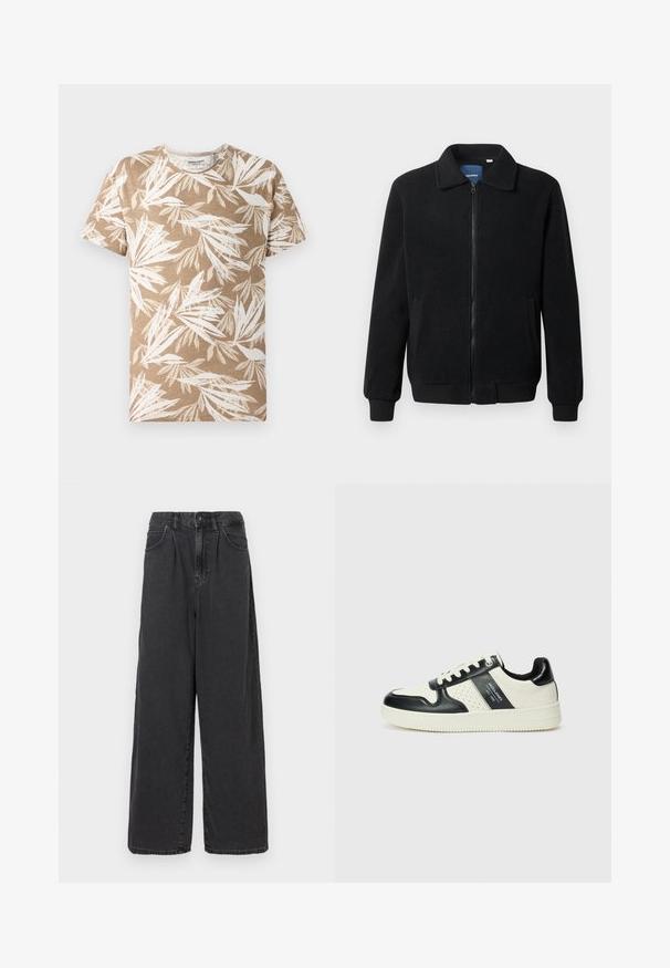 Zwarte fleece jas met een ritssluiting, staande kraag, ribgebreide manchetten en zijzakken met een textuur.; Korte mouwen t-shirt in lichtbruin met een wit loofpatroon. Zachte stof, ronde hals en een ontspannen pasvorm.; Brede pijpen, hooggewaste zwarte denim broek met een sluiting met een knoop en rits aan de voorkant, voorzien van zijzakken en een soepele textuur.; Leren sneakers met een zwart en crèmekleurig kleurenschema, voorzien van geperforeerde accenten, een gevoerde kraag en een gestructureerde buitenzool.