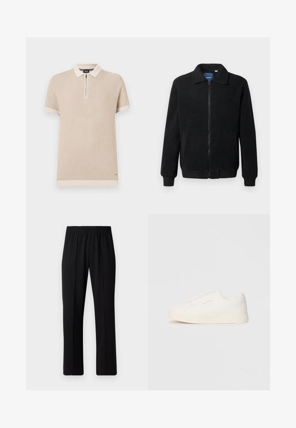 Svart fleece jakke med glidelås, høy krage, ribbestrikkede mansjetter og sidelommer med strukturert overflate.; Beige kortermet polo skjorte med ribbestruktur, glidelås krage og kontrasterende kant langs ermene og nederkant. Diskret logo detalj.; Svart, elastisk midjebukser med rett ben-design, med en glatt tekstur og uten synlige mønstre eller maskinvare.; Hvite slip-on joggesko med teksturert overflate, tykk såle og minimalistisk design. Har merkevarelogo på siden.