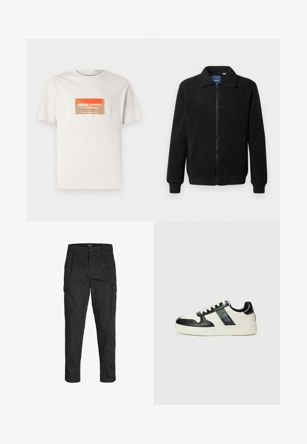 Chaqueta de forro polar negra con cierre de cremallera, cuello alzado, puños acanalados y bolsillos laterales con una superficie texturizada.; Camiseta de algodón en color beige claro con un gráfico de logo rectangular en naranja y crema que presenta el texto "JACK&JONES". Manga corta, cuello redondo.; Pantalones cargo negros hechos de tela resistente, que cuentan con múltiples bolsillos, un cierre de botón y un diseño de corte slim con piernas ajustadas.; Zapatillas de cuero con un esquema de colores negro y crema, que cuentan con acentos perforados, un collar acolchado y una suela texturizada.