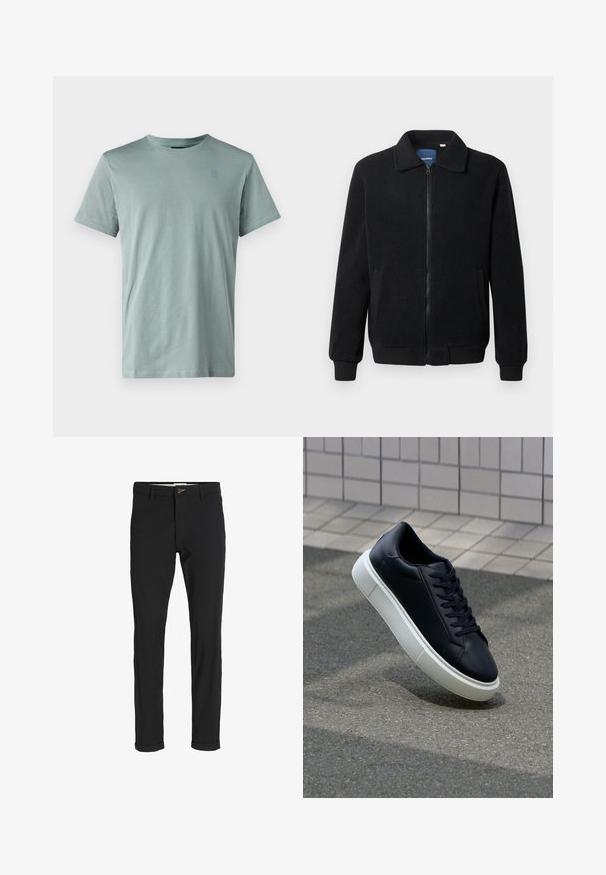 Fekete bolyhos dzseki cipzárral, állógallérral, bordázott mandzsettákkal és oldalzsebekkel, textúrált felülettel.; Világos zöld pamut póló rövid ujjakkal, kerek nyakkal és egy kis logóval a bal felső mellrészen. Simább textúra, egyszerű dizájn.; Fekete pamut keverék nadrág, slim fit szabással, gombos záródással, zsebekkel és felgöngyölt szárakkal a laza végeredményért.; Fekete bőr sportcipő lekerekített orral és fehér gumitalppal. Lapos fűzőkkel és minimális varrásokkal rendelkezik a felsőrészén. Mintás talp a tapadásért.