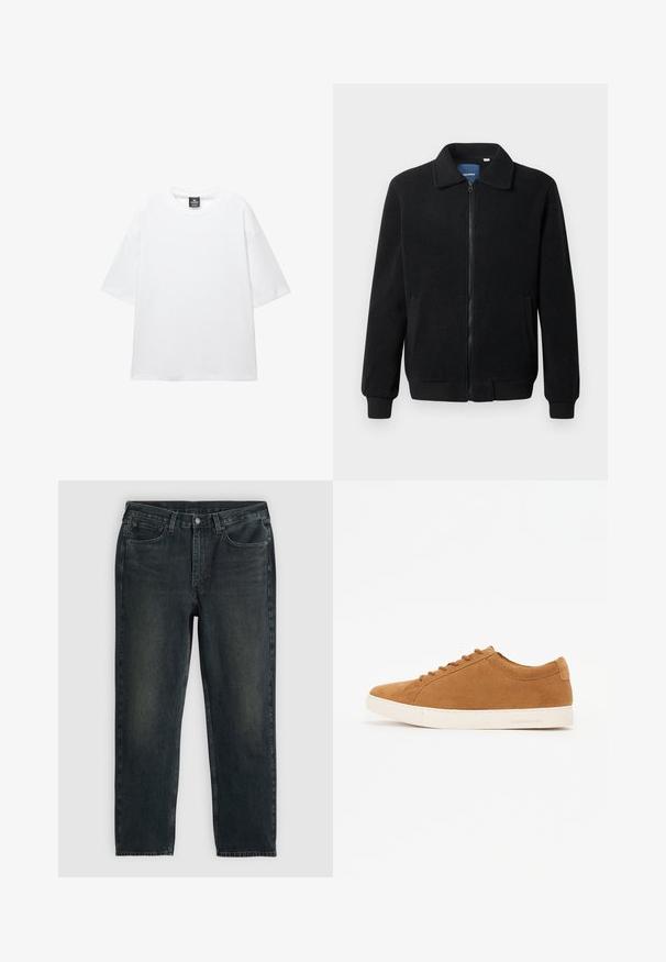 Fekete bolyhos dzseki cipzárral, állógallérral, bordázott mandzsettákkal és oldalzsebekkel, textúrált felülettel.; Fehér, túlméretezett póló rövid ujjakkal, kerek nyakkivágással és puha pamut szövetből. A nyaknál fekete címke található. Nincsenek minták vagy díszítések.; Sötétkék farmernadrág, egyenes fazonnal, ött zsebbel, cipzáras sliccel és kontrasztos varrással. A szövet enyhe kopása.; Barna velúr sportcipők alacsony felsőrésszel, fehér gumitalppal és kerek orral. Jellemzően passzoló fűzőkkel és minimális márkajelzéssel a sarokrészen.
