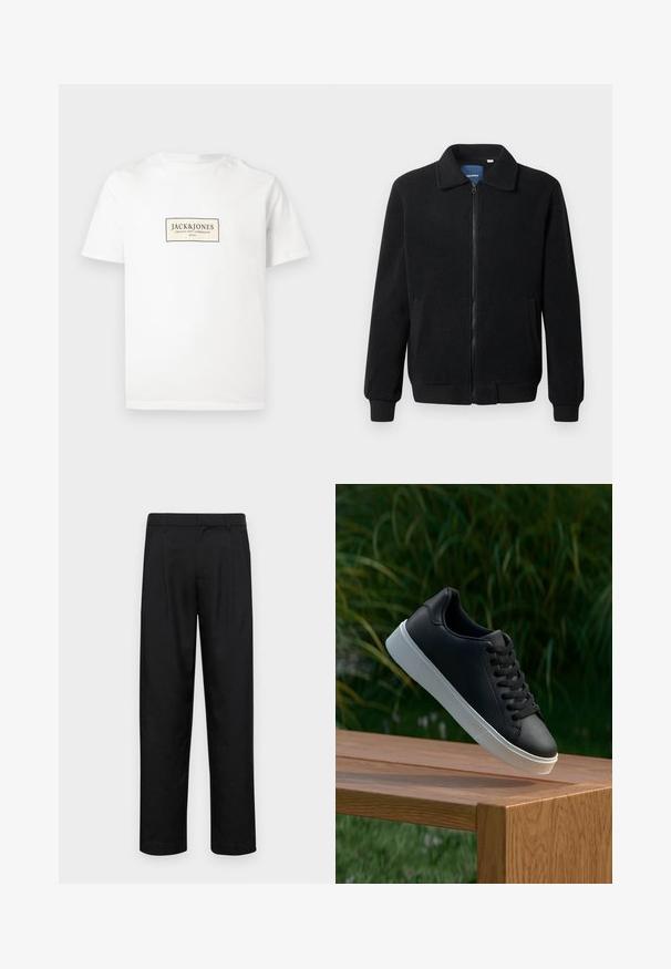 Sort fleecejakke med lynlås, opretstående krave, ribbede manchetter og sidelommer med en tekstureret overflade.; Hvid bomulds T-shirt med korte ærmer, prydet med et rektangulært sort og beige logo på forsiden. Lige kant uden yderligere mønstre.; Sorte bukser lavet af glat stof, med et lige ben-design, to frontfolder og en standard talje med bæltestropper.; Sort lædersneaker med en glat overflade, hvid gummisål og seks øjer til snørebånd, præsenteret på en træoverflade.