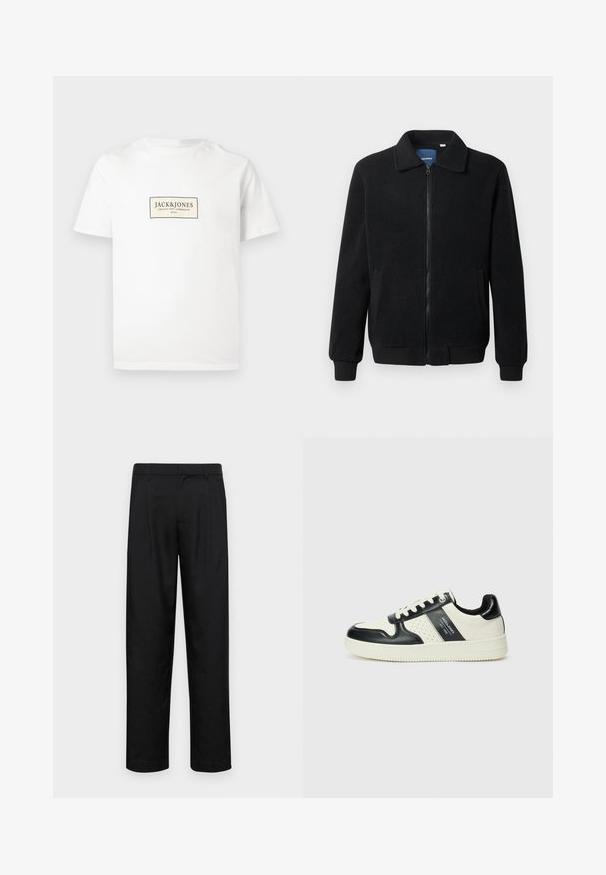 Black fleece jacket featuring a zip closure, stand collar, ribbed cuffs, and side pockets with a textured surface.; White cotton T-shirt with short sleeves, featuring a rectangular black and beige logo on the front. Straight hem with no additional patterns.; Black trousers made of smooth fabric, featuring a straight-leg design, two front pleats, and standard waistband with belt loops.; Leather sneakers with a black and cream color scheme, featuring perforated accents, a padded collar, and a textured outsole.