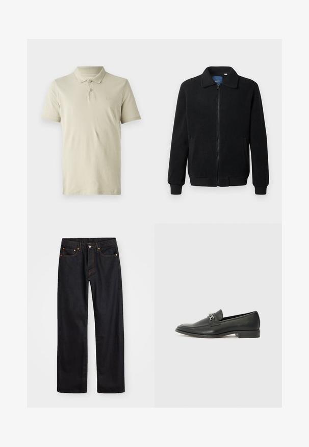 Casaco de polar preto com fecho de correr, gola alta, punhos canelados e bolsos laterais com uma superfície texturizada.; Camisa polo bege feita de algodão, com um fecho de três botões, mangas curtas e um logótipo subtil no peito. Textura suave.; Calças de ganga pretas para homem, de pernas retas, com cinco bolsos e costura laranja, fecho de botão e zíper na cintura da frente.; Sapatilha de couro preta com um acabamento suave, apresentando um design cosido e um detalhe decorativo de corrente de metal atravessando o peito do pé. Salto baixo.